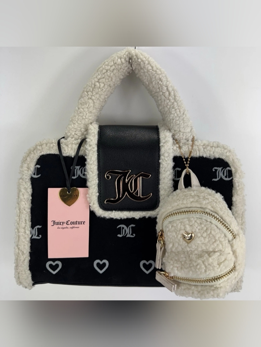 Juicy Couture Black & Cream Sherpa Tote with Mini Sherpa Backpack Charm